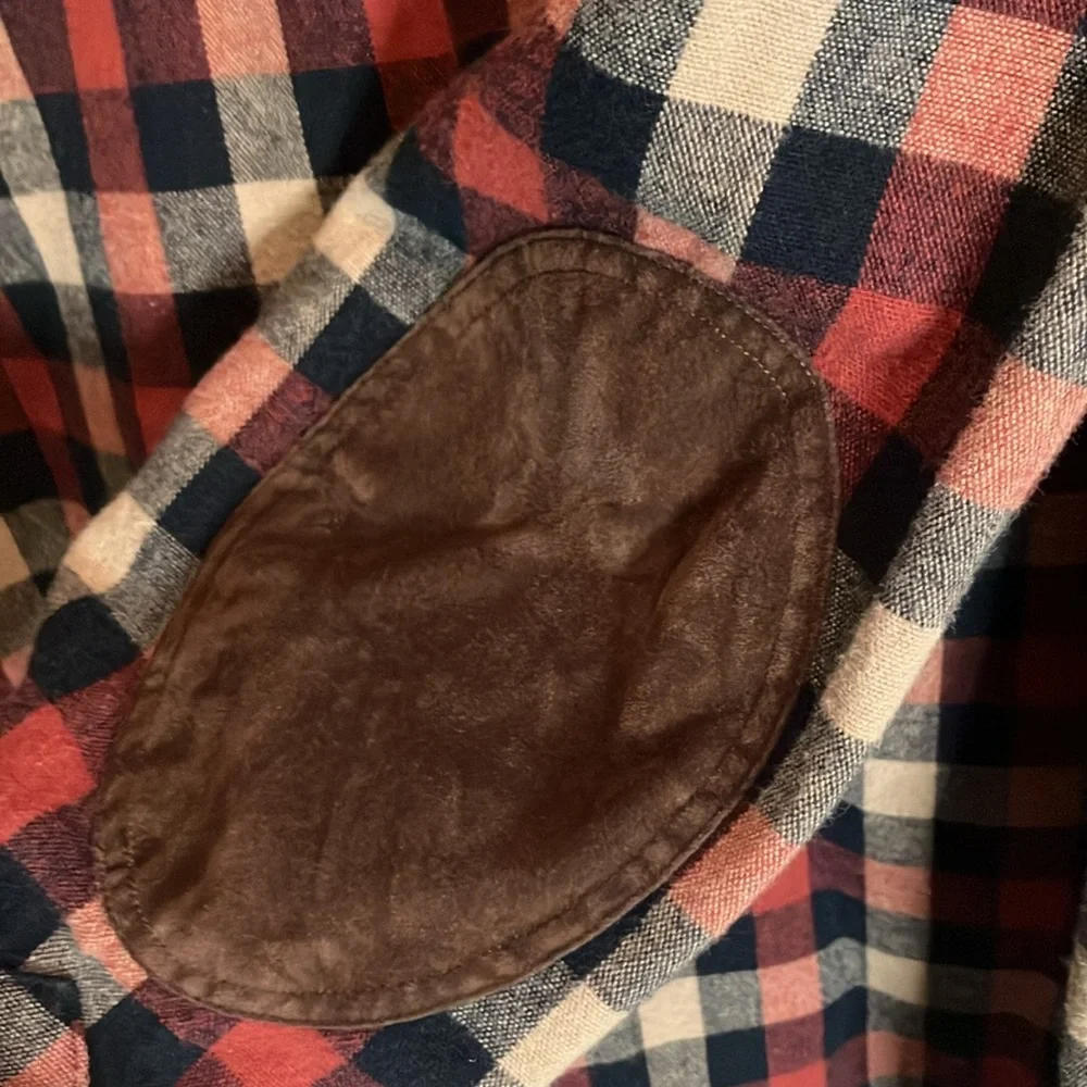 J. Crew Merchantile Flex L Rugged Suede Elbow Patch Plaid Tan Navy Rust Shirt